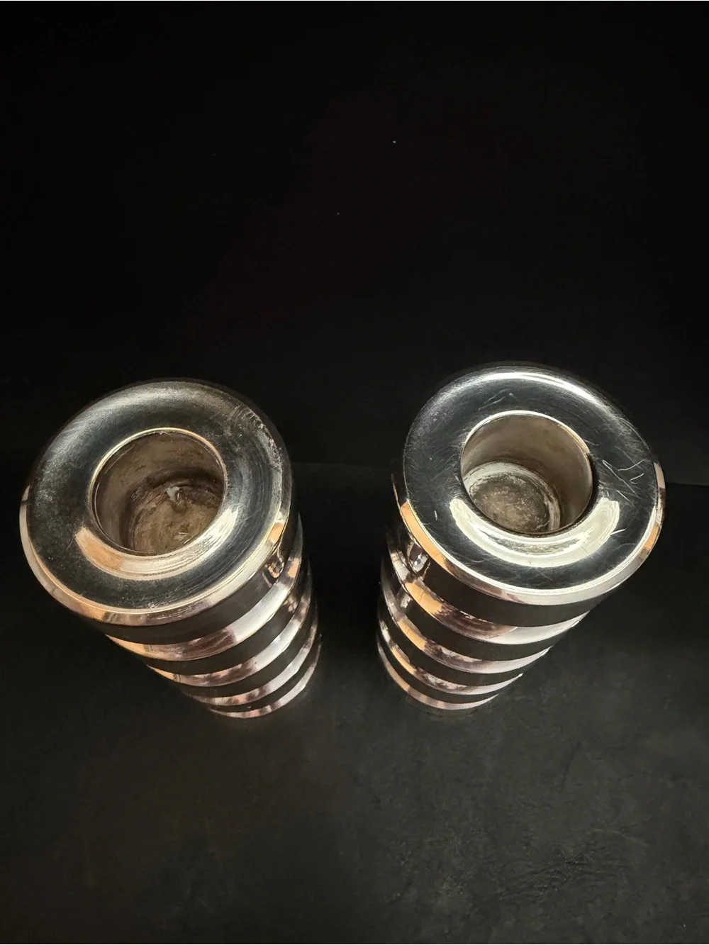 MCM Industrialist Brutalist Candlesticks Silver Plated Heavy Segmented Cylinders